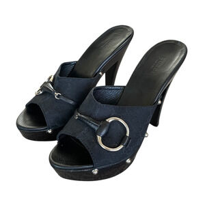 GUCCI Hasler Women Size 39 Black GG Canvas Horsebit Studs Slip-On Platform Heels